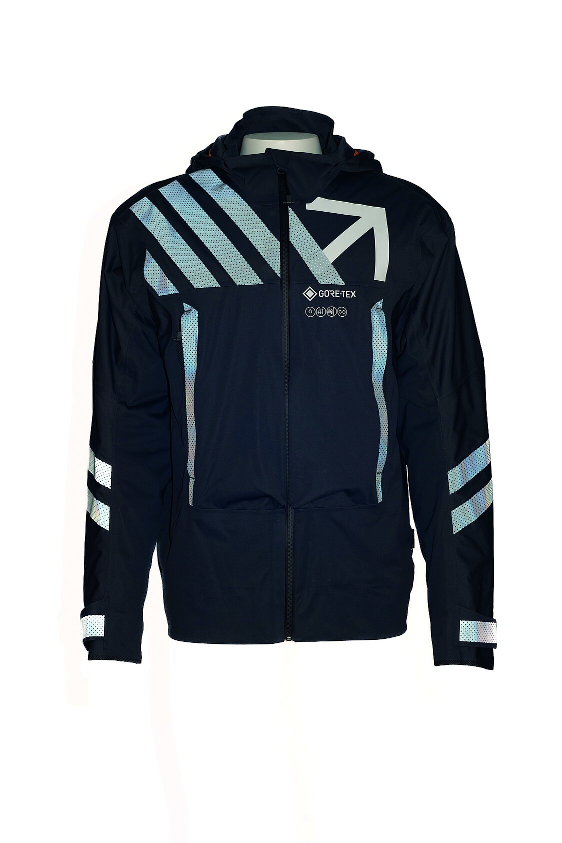 Blaue Jacke mit reflektierenden Streifen aus Gore-Tex-Material