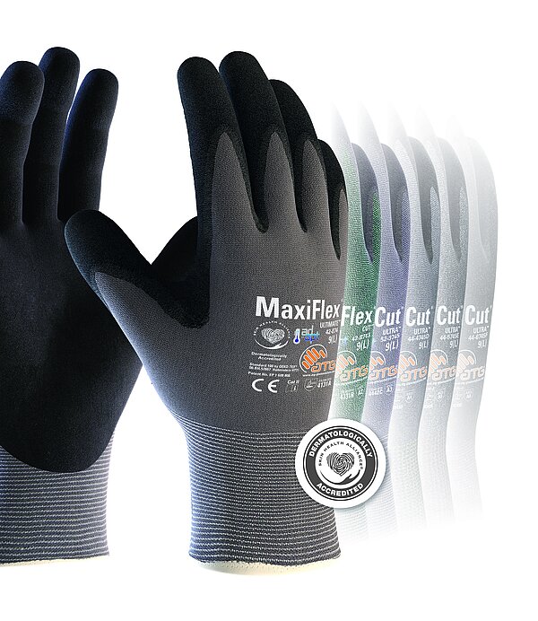 Ein graues Paar MaxiFlex-Schnittschutzhandschuhe von ATG. Im Vordergrund ist ein Siegel mit der Aufschrift "Detmatologically Accredited" abgebildet. Im Hintergrund sind weitere Handschuhe in verschiedenen Farben angedeutet.