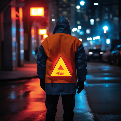 Eine Person von hinten in einer nächtlichen urbanen Szene. Die Person trägt ein leuchtendes, orangefarbenes Dreieck auf dem Rücken.