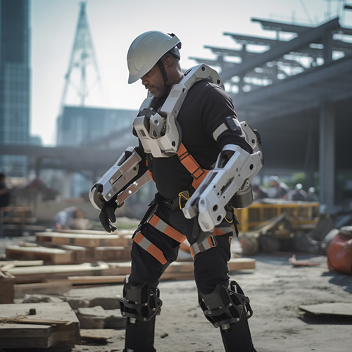 Ein Arbeiter auf einer urbanen Baustelle. Er trägt einen Sicherheitshelm und ein Exoskelett an den Armen.