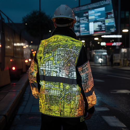 Eine Person in einem urbanen nächtlichen Umfeld von hinten. Die Person trägt eine Orange-gelbe Jacke, auf deren Rücken und Ärmeln ein leuchtender Stadtplan abgebildet ist.