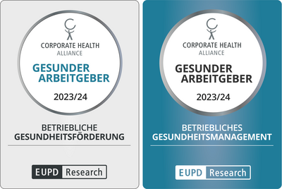 Links: Corporate Health Alliance. Gesunder Arbeitgeber 2023/24. Betriebliche Gesundheitsförderung. EUPD Research. Rechts: Corporate Health Alliance. Gesunder Arbeitgeber 2023/24. Betriebliches Gesundheitsmanagement. EUPD Research.